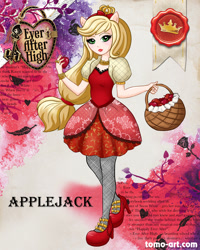 Size: 960x1200 | Tagged: safe, artist:facja, applejack, earth pony, anthro, g4, apple, clothes, ever after high, food, looking at you, solo