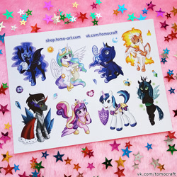 Size: 800x800 | Tagged: safe, artist:facja, daybreaker, king sombra, nightmare moon, princess cadance, princess celestia, princess luna, queen chrysalis, shining armor, alicorn, changeling, changeling queen, pony, g4, royal sisters, siblings, sisters, sticker, sticker pack