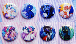 Size: 2100x1214 | Tagged: safe, artist:facja, daybreaker, king sombra, nightmare moon, princess cadance, princess celestia, princess luna, queen chrysalis, shining armor, alicorn, changeling, changeling queen, pony, g4, pins, royal sisters, siblings, sisters