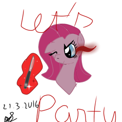 Size: 768x768 | Tagged: safe, artist:magicangelstarartist, pinkie pie, earth pony, pony, g4, female, knife, mare, pinkamena diane pie, simple background, solo, text