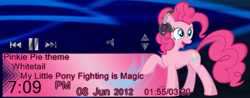 Size: 391x154 | Tagged: safe, artist:itchykitchy, artist:liatlns, artist:tailsdoll1993, pinkie pie, earth pony, pony, g4, :d, calendar, clock, happy, headphones, looking back, music player, open mouth, open smile, rainmeter, raised hoof, smiling, standing