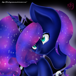 Size: 894x894 | Tagged: safe, artist:firedragonmoon15, princess luna, alicorn, pony, g4, blue coat, crown, cyan eyes, ethereal mane, gradient background, horn, jewelry, necklace, regalia, starry eyes, violet coat, wingding eyes