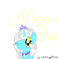 Size: 768x768 | Tagged: safe, artist:magicangelstarartist, oc, oc only, oc:moon dust, pony, unicorn, choker, jewelry, moon, one eye closed, simple background, solo, stars, text, tiara, wink