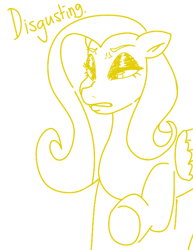 Size: 570x737 | Tagged: safe, artist:rawmel, fluttershy, pegasus, pony, g4, digital art, disgusted, eyeshadow, female, fluttershy is not amused, fluttertroll, looking down, makeup, mare, monochrome, simple background, solo, unamused, white background