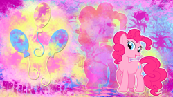 Size: 2560x1440 | Tagged: safe, artist:skrayp, pinkie pie, earth pony, pony, g4, abstract background, cutie mark, female, hexagon, looking sideways, mare, name, open mouth, open smile, paint splatter, raised hoof, smiling, solo, wallpaper