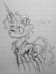 Size: 489x645 | Tagged: safe, artist:artflicker, pokey pierce, pony, unicorn, g4, clothes, ear piercing, earring, horn, horn ring, jacket, jewelry, lined paper, male, pencil drawing, piercing, ring, sketch, solo, stallion, traditional art