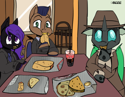 Size: 1926x1500 | Tagged: safe, artist:cosmiclitgalaxy, oc, oc:closed case, oc:distant echo, oc:night shimmer, bat pony, changeling, pony, burrito, detective, female, food, friends, hat, lunch, male, mare, nuka cola, stallion, taco, taco bell, trio