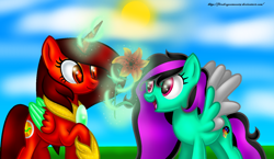 Size: 1434x834 | Tagged: safe, artist:firedragonmoon15, oc, oc:phoenix scarletruby, alicorn, pony, black mane, blurry background, brown mane, brown tail, colored wings, day, flower, glowing, glowing horn, happy, hoof shoes, horn, jewelry, levitation, looking at someone, looking at something, magic, mint coat, mint wings, necklace, open mouth, pink mane, raised hoof, red coat, red wings, smiling, standing, sun, tail, telekinesis, two toned mane, two toned wings, wings