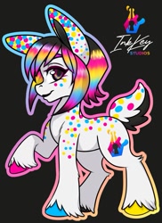 Size: 669x921 | Tagged: safe, artist:inkkeystudios, oc, oc only, earth pony, pony, colorful, looking at you, short tail, smiling, solo, spots, tail