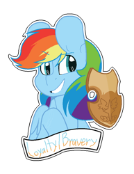 Size: 600x778 | Tagged: safe, artist:eivilpotter, rainbow dash, pegasus, pony, g4, bust, element of loyalty, female, mare, netitus, shield, simple background, solo, transparent background