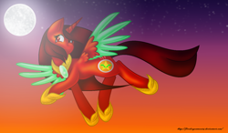 Size: 1468x856 | Tagged: safe, artist:firedragonmoon15, oc, oc:phoenix scarletruby, alicorn, pony, brown mane, brown tail, colored wings, flying, full moon, hoof shoes, jewelry, mint wings, moon, necklace, red coat, red wings, smiling, spread wings, stars, tail, twilight (astronomy), two toned wings, wings