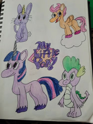 Size: 1280x1707 | Tagged: safe, artist:mintwhistle, scootaloo, spike, twilight sparkle, bunnycorn, dragon, pegasus, pony, rabbit, unicorn, g4, g5, cloud, crayon drawing, fangs, female, filly, foal, folded wings, g4 to g5, generation leap, horn, logo, looking back, male, mare, open mouth, open smile, sketchbook, smiling, traditional art, unicorn twilight, unshorn fetlocks, whiskers, wings