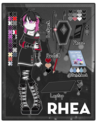 Size: 793x1008 | Tagged: safe, artist:masem, artist:riariirii2, oc, oc only, oc:rhea, human, equestria girls, g4, bag, base used, belt, book, boots, cellphone, choker, clothes, cute, demonia swing 815, ear piercing, earring, female, freckles, goth, jewelry, nail polish, necklace, notebook, pencil, phone, piercing, platform boots, reference sheet, ripped stockings, shirt, shoes, skirt, smartphone, socks, solo, stockings, thigh highs, torn clothes, torn socks