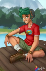 Size: 792x1224 | Tagged: safe, artist:inkkeystudios, timber spruce, human, equestria girls, g4, my little pony equestria girls: legend of everfree, looking at you, mountain, pier, sitting, smiling, solo, water