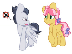 Size: 1026x778 | Tagged: safe, artist:eivilpotter, kettle corn, rumble, earth pony, pegasus, pony, g4, duo, female, male, mare, ribbon, simple background, stallion