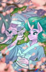 Size: 792x1224 | Tagged: safe, artist:inkkeystudios, mistmane, unicorn, anthro, g4, cherry blossoms, curved horn, duality, flower, flower blossom, horn, self paradox, smiling, young mistmane