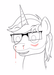 Size: 1150x1600 | Tagged: safe, artist:xyclone, oc, oc only, oc:xyclone, pony, unicorn, blushing, glasses, lineart, male, signature, simple background, solo, white background