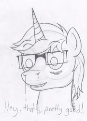 Size: 1150x1600 | Tagged: safe, artist:xyclone, oc, oc only, oc:xyclone, pony, unicorn, blushing, glasses, grayscale, male, monochrome, signature, sketch, solo