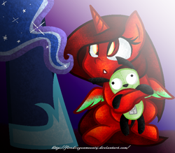 Size: 658x577 | Tagged: safe, artist:firedragonmoon15, princess luna, oc, oc:phoenix scarletruby, alicorn, pony, children of the night, g4, brown mane, brown tail, colored wings, gradient background, hugging a plushie, looking at someone, looking up, mint wings, plushie, red coat, red wings, surprised, tail, two toned wings, wings