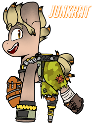 Size: 976x1300 | Tagged: safe, artist:eivilpotter, oc, oc only, camouflage, crossover, grin, junkrat, looking at you, overwatch, simple background, smiling, solo, text, weapon