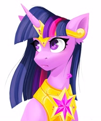 Size: 2500x3000 | Tagged: safe, artist:buvanybu, twilight sparkle, alicorn, pony, g4, armor, bust, female, high res, horn guard (armor), jewelry, mare, regalia, simple background, solo, tiara, twilight sparkle (alicorn), white background