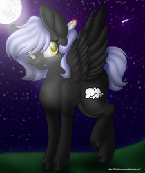 Size: 1341x1599 | Tagged: safe, artist:firedragonmoon15, oc, pegasus, pony, black coat, black wings, fangs, feather, feather in hair, feathered wings, full moon, moon, night, night sky, raised hoof, shooting star, sky, smiling, standing, wings, yellow eyes