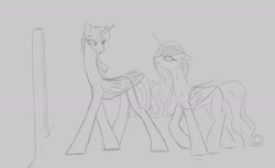 Size: 3000x1833 | Tagged: safe, artist:astr0zone, twilight sparkle, alicorn, pony, g4, doorway, duo, duo female, female, fetish, gray background, grayscale, long legs, long neck, looking at each other, looking at someone, mare, monochrome, simple background, sketch, twilight sparkle (alicorn), walking