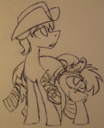 Size: 433x530 | Tagged: safe, artist:artflicker, rough tumble, earth pony, pony, g4, bandage, cowboy hat, duo, hat, male, monochrome, ponies riding ponies, riding, sketch, stallion