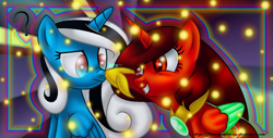 Size: 1198x608 | Tagged: safe, artist:firedragonmoon15, oc, oc:phoenix scarletruby, alicorn, pony, abstract background, birthday, black mane, blue coat, boop, brown mane, colored wings, hoof shoes, jewelry, looking at someone, mint wings, necklace, question mark, red coat, red wings, smiling, sparks, two toned mane, two toned wings, white mane, wings