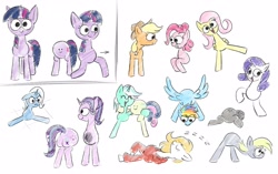 Size: 2800x1755 | Tagged: safe, artist:notfocks, applejack, bon bon, derpy hooves, fluttershy, lyra heartstrings, pinkie pie, rainbow dash, rarity, starlight glimmer, sweetie drops, trixie, twilight sparkle, oc, oc:ap, oc:fox, earth pony, pegasus, pony, unicorn, two legged creature, g4, butt, female, mane six, mare, plot, traditional art, wat