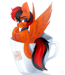 Size: 1750x2000 | Tagged: safe, artist:rinteen, oc, oc only, oc:winged whisper, pegasus, pony, annoyed, blue eyes, chest fluff, collar, cup, cup of pony, male, micro, pegasus oc, simple background, solo, spread wings, stallion, tail, teacup, two toned mane, two toned tail, white background, wings