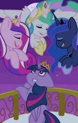 Size: 728x1153 | Tagged: safe, artist:eivilpotter, princess cadance, princess celestia, princess luna, twilight sparkle, alicorn, pony, g4, twilight's kingdom, balcony, female, mare, princess, scene interpretation, starry background, twilight sparkle (alicorn), you'll play your part