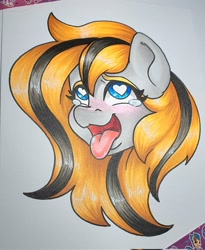 Size: 1677x2048 | Tagged: safe, artist:inkkeystudios, oc, oc only, oc:feather river, ahegao, bust, eyes rolling back, female, heart, heart eyes, open mouth, open smile, photo, portrait, smiling, solo, teary eyes, tongue out, traditional art, wingding eyes