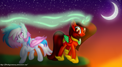 Size: 1432x782 | Tagged: safe, artist:firedragonmoon15, oc, oc:phoenix scarletruby, alicorn, bat pony, pony, blue mane, blue tail, brown mane, brown tail, cliff, colored wings, crescent moon, glowing, glowing horn, hoof shoes, horn, jewelry, looking at each other, looking at someone, magic, mint wings, moon, multicolored mane, multicolored tail, necklace, night, night sky, pink eyes, pink mane, pink tail, pink wings, raised hoof, red coat, red wings, sky, tail, two toned wings, white fur, white mane, white tail, wings
