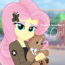 Size: 1280x1280 | Tagged: safe, artist:edy_january, artist:fluttershy_art.nurul, fluttershy, human, equestria girls, g4, 2 on (song), academy, album, album cover, album parody, blurry background, clothes, geode of fauna, girls und panzer, jacket, link in description, looking at you, magical geodes, marine, marines, military, music, parody, plushie, saunders, schoolboy q, shirt, soldier, solo, song, soundtrack, t-shirt, teddy bear, tinashe, youtube link