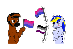 Size: 2841x1925 | Tagged: safe, artist:xyclone, oc, oc only, oc:velocity, oc:xyclone, earth pony, pony, unicorn, asexual pride flag, belly button, bisexual pride flag, blushing, freckles, glasses, male, pride, pride flag, simple background, transparent background