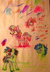 Size: 504x717 | Tagged: safe, artist:artflicker, oc, oc only, oc:greeny, oc:rainbow vomit, earth pony, pony, duo, female, lined paper, male, mare, stallion, traditional art