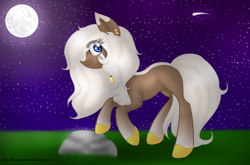 Size: 1554x1026 | Tagged: safe, artist:firedragonmoon15, earth pony, pony, ear piercing, full moon, looking at you, moon, night, night sky, piercing, raised hoof, rock, shooting star, sky, smiling, tail, white mane, white tail