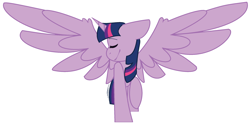 Size: 2472x1244 | Tagged: safe, artist:eivilpotter, twilight sparkle, alicorn, pony, g4, eyes closed, raised hoof, simple background, smiling, smirk, solo, spread wings, turned head, twilight sparkle (alicorn), wings