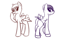 Size: 2941x1861 | Tagged: safe, oc, oc:cloudwalker, oc:valkyrie, original species, plane pony, butt, cute, duo, hoof over mouth, looking at each other, looking at someone, looking back, outlines only, plane, plot, raised hoof, simple background, white background, xb-70 valkyrie