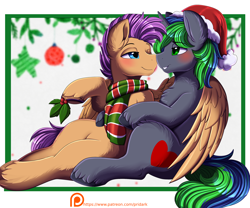 Size: 2746x2284 | Tagged: safe, artist:pridark, oc, oc only, oc:bulwark, oc:sparky starfall, pegasus, pony, unicorn, blushing, christmas, gay, high res, holiday, hug, male, stallion, stallion on stallion, wholesome, winghug, wings