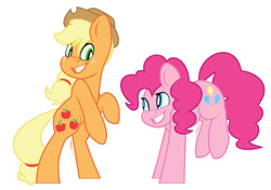 Size: 1065x750 | Tagged: safe, artist:eivilpotter, applejack, pinkie pie, earth pony, pony, g4, duo, female, grin, hopping, looking at each other, looking at someone, mare, rearing, simple background, smiling