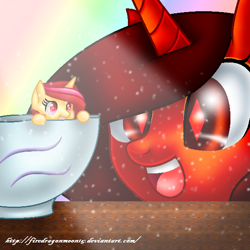 Size: 600x600 | Tagged: safe, artist:firedragonmoon15, oc, oc:phoenix scarletruby, alicorn, pony, brown mane, cup, cup of pony, cute, gradient background, light rays, looking at someone, lowres, micro, open mouth, red coat, smiling