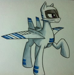 Size: 1893x1936 | Tagged: artist needed, safe, oc, oc only, oc:val, original species, plane pony, looking to the right, marker drawing, plane, raised hoof, simple background, smiling, solo, traditional art, white background, xb-70 valkyrie