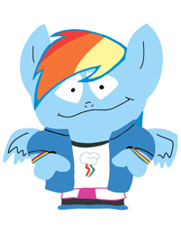 Size: 632x788 | Tagged: artist needed, safe, rainbow dash, pegasus, anthro, g4, block 13, clothes, cursed image, female, looking at you, mare, not south park, simple background, solo, white background, wings