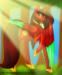 Size: 581x707 | Tagged: safe, artist:firedragonmoon15, oc, oc:phoenix scarletruby, alicorn, pony, brown mane, brown tail, colored wings, forest, hoof shoes, horn, jewelry, light rays, long horn, looking at you, mint wings, necklace, one wing out, raised hoof, red coat, red wings, smiling, standing, tail, two toned wings, wings