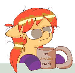 Size: 260x256 | Tagged: safe, artist:artflicker, oc, oc only, oc:flicker split, earth pony, pony, chocolate, clothes, coffee mug, female, food, frown, hot chocolate, mare, mug, simple background, socks, solo, striped socks, transparent background