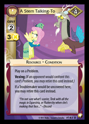 Size: 344x480 | Tagged: safe, enterplay, discord, fluttershy, pegasus, pony, equestrian odysseys, g4, make new friends but keep discord, my little pony collectible card game, angry, ccg, clothes, dress, duo, female, flying, mare, merchandise, sad