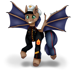 Size: 2000x2000 | Tagged: safe, artist:frazy, oc, oc only, oc:distant echo, bat pony, pony, bat wings, blue mane, blue tail, brown coat, claws, clothes, green eyes, high res, male, marines, military uniform, pants, simple background, solo, stallion, tail, transparent background, uniform, wing claws, wings