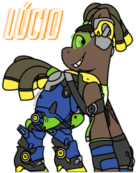 Size: 976x1244 | Tagged: safe, artist:eivilpotter, oc, oc only, pony, crossover, headphones, looking at you, lucio, overwatch, simple background, solo, tattoo, turned head, visor